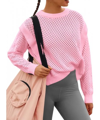 Womens Crochet Pullover Sweater Trendy Knit Crewneck Long Sleeve Hollow Out Side Slit Cover Ups Pink $11.95 Sweaters