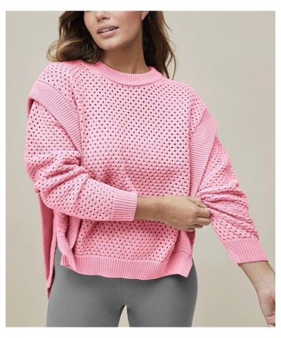 Womens Crochet Pullover Sweater Trendy Knit Crewneck Long Sleeve Hollow Out Side Slit Cover Ups Pink $11.95 Sweaters