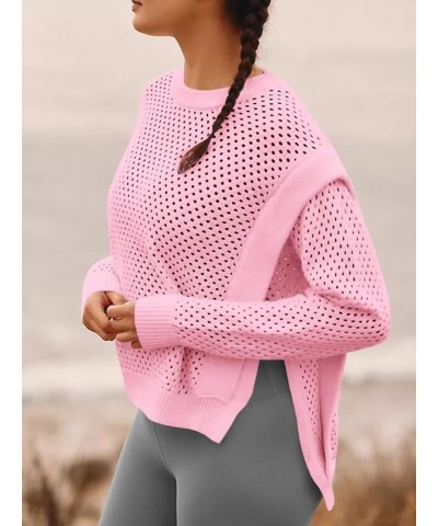 Womens Crochet Pullover Sweater Trendy Knit Crewneck Long Sleeve Hollow Out Side Slit Cover Ups Pink $11.95 Sweaters