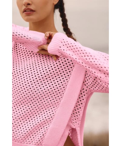 Womens Crochet Pullover Sweater Trendy Knit Crewneck Long Sleeve Hollow Out Side Slit Cover Ups Pink $11.95 Sweaters