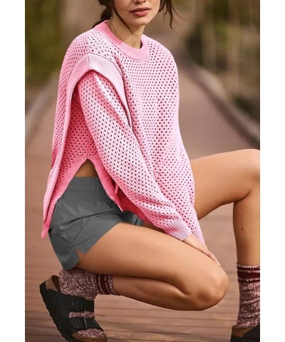 Womens Crochet Pullover Sweater Trendy Knit Crewneck Long Sleeve Hollow Out Side Slit Cover Ups Pink $11.95 Sweaters