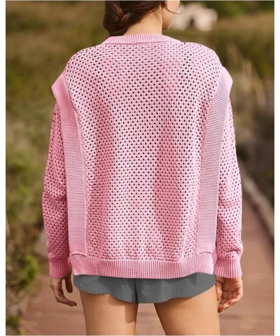 Womens Crochet Pullover Sweater Trendy Knit Crewneck Long Sleeve Hollow Out Side Slit Cover Ups Pink $11.95 Sweaters