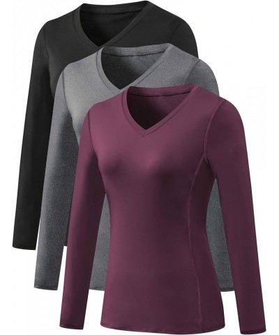 Women's 3 Pack Dry Fit Athletic Compression Base Layer Long Sleeve V-neck,black,grey,wine Red $23.21 Activewear