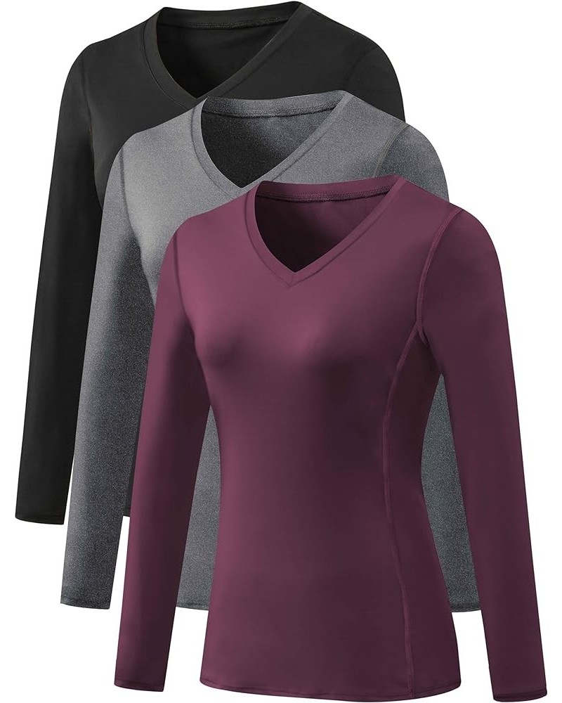 Women's 3 Pack Dry Fit Athletic Compression Base Layer Long Sleeve V-neck,black,grey,wine Red $23.21 Activewear