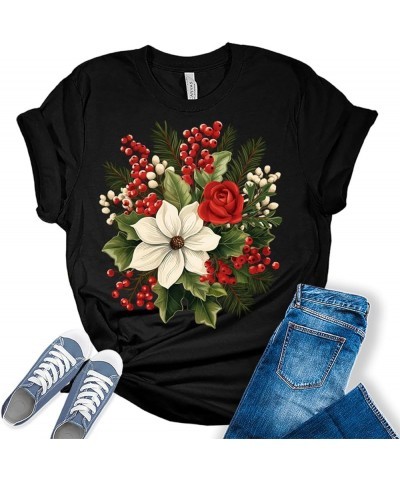 Christmas Shirts for Women Cute Floral Tops Holiday Graphic Tees I - Black $14.55 T-Shirts