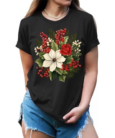 Christmas Shirts for Women Cute Floral Tops Holiday Graphic Tees I - Black $14.55 T-Shirts