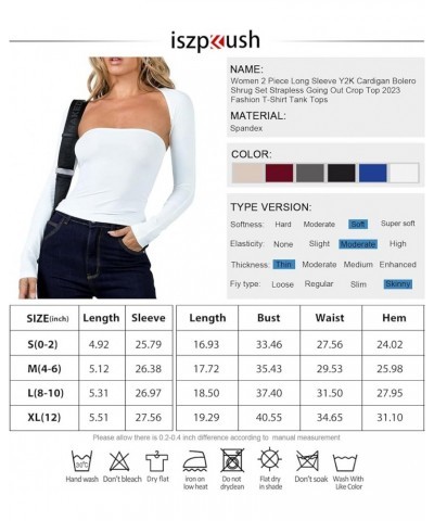 Women 2 Piece Long Sleeve Y2K Cardigan Bolero Shrug Set Strapless Going Out Crop Top 2023 Fashion T-Shirt Tank Tops White $12...