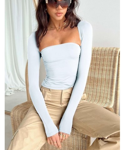 Women 2 Piece Long Sleeve Y2K Cardigan Bolero Shrug Set Strapless Going Out Crop Top 2023 Fashion T-Shirt Tank Tops White $12...