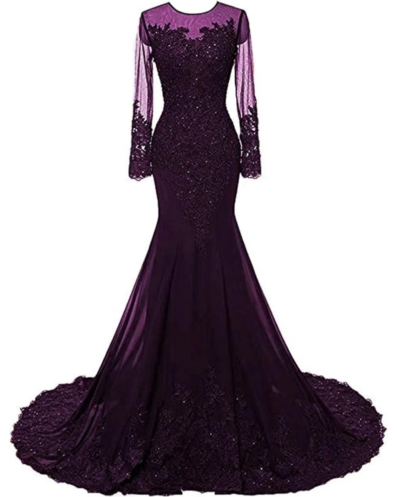 Mermaid Prom Dresses Long Sleeves Lace Beaded Appliques Formal Evening Dresses Ball Gowns for Women Grape $48.30 Dresses