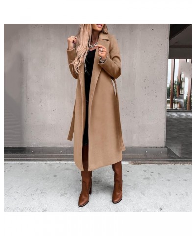 Winter Coats for Women Fashion Solid Lapel Long Wool Blend Coat Ladies Trench Long Jacket with Belt Tweed Outwear Large Khaki...