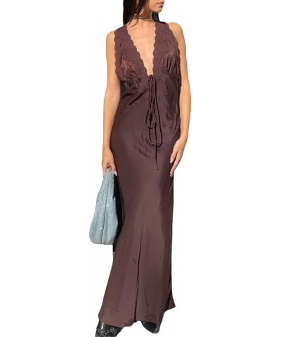 Women's Satin Spaghetti Strap Long Dress Sexy V Neck Sleeveless Lace Patchwork Slip Slik Dress for Party Evenin 04 Coffe $9.0...