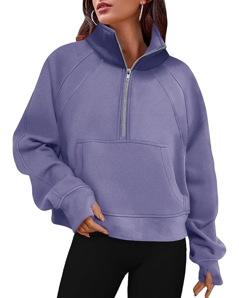 Women's Sweatshirts Fleece Lined Half Zipper Crop Pullover Tops Funnel Neck Long Sleeve Sweater Thumb Hole Purple $20.09 Acti...