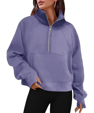 Women's Sweatshirts Fleece Lined Half Zipper Crop Pullover Tops Funnel Neck Long Sleeve Sweater Thumb Hole Purple $20.09 Acti...