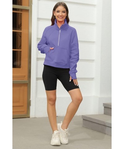 Women's Sweatshirts Fleece Lined Half Zipper Crop Pullover Tops Funnel Neck Long Sleeve Sweater Thumb Hole Purple $20.09 Acti...