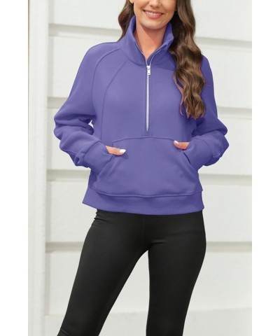 Women's Sweatshirts Fleece Lined Half Zipper Crop Pullover Tops Funnel Neck Long Sleeve Sweater Thumb Hole Purple $20.09 Acti...