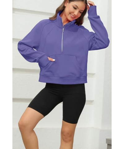 Women's Sweatshirts Fleece Lined Half Zipper Crop Pullover Tops Funnel Neck Long Sleeve Sweater Thumb Hole Purple $20.09 Acti...