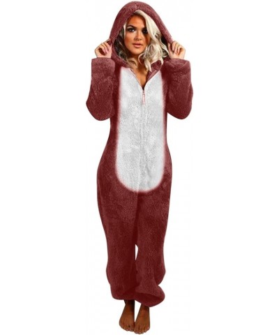 Cute Sherpa Romper Fleece Onesie Pajama for Women One-Piece Zipper Plus Size Hooded Jumpsuit Plush Sleepwear Playsuit Wine $1...