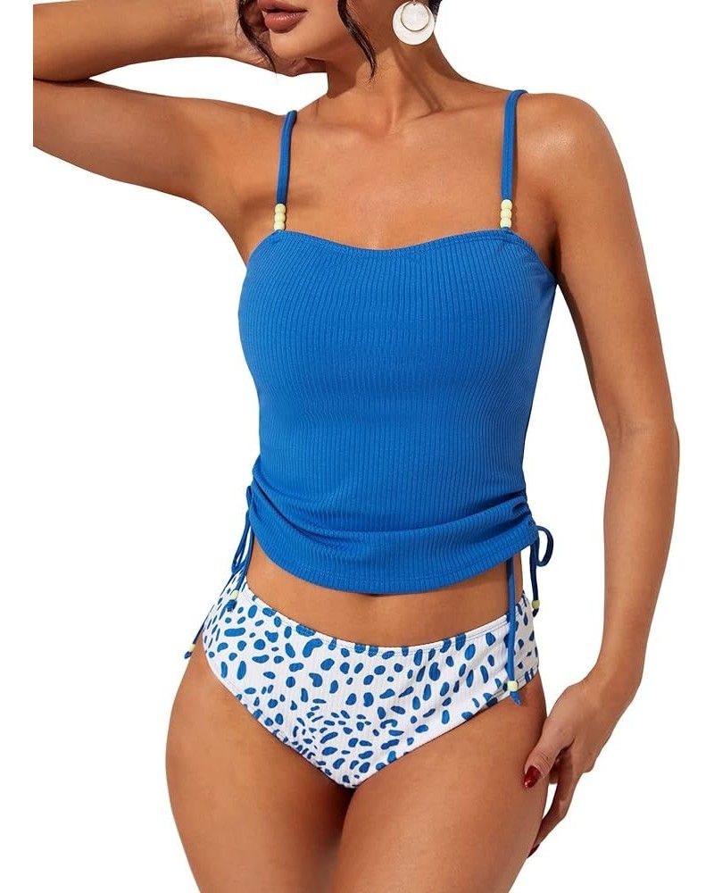 Women's 2 Piece Tankini Swimsuit Drawstring Swim Tank Top with Printed Bikini Bottom Set Blue $17.68 Swimsuits