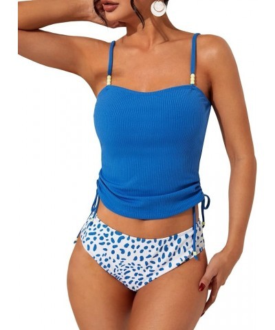 Women's 2 Piece Tankini Swimsuit Drawstring Swim Tank Top with Printed Bikini Bottom Set Blue $17.68 Swimsuits