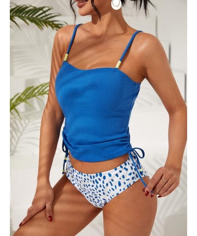 Women's 2 Piece Tankini Swimsuit Drawstring Swim Tank Top with Printed Bikini Bottom Set Blue $17.68 Swimsuits