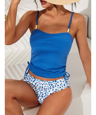 Women's 2 Piece Tankini Swimsuit Drawstring Swim Tank Top with Printed Bikini Bottom Set Blue $17.68 Swimsuits