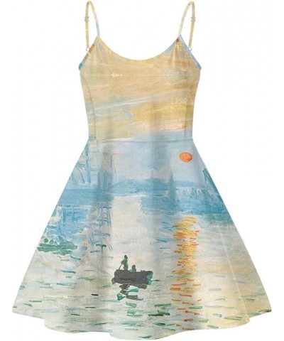 Women's Van Gogh 3D Printed V-Neck Spaghetti Straps A-Line Swing Dress Impression Sunrise $14.99 Dresses