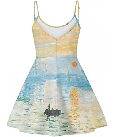 Women's Van Gogh 3D Printed V-Neck Spaghetti Straps A-Line Swing Dress Impression Sunrise $14.99 Dresses