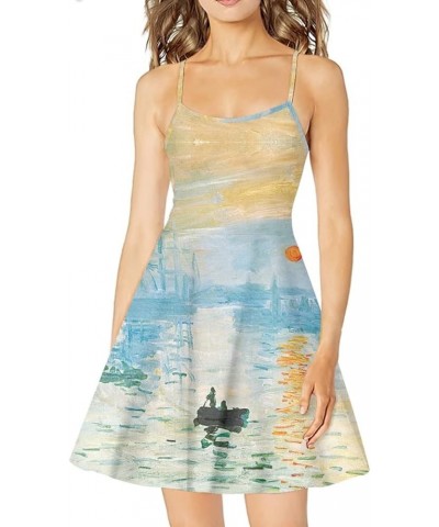 Women's Van Gogh 3D Printed V-Neck Spaghetti Straps A-Line Swing Dress Impression Sunrise $14.99 Dresses