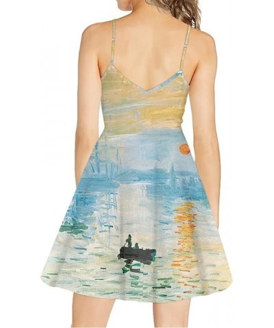 Women's Van Gogh 3D Printed V-Neck Spaghetti Straps A-Line Swing Dress Impression Sunrise $14.99 Dresses