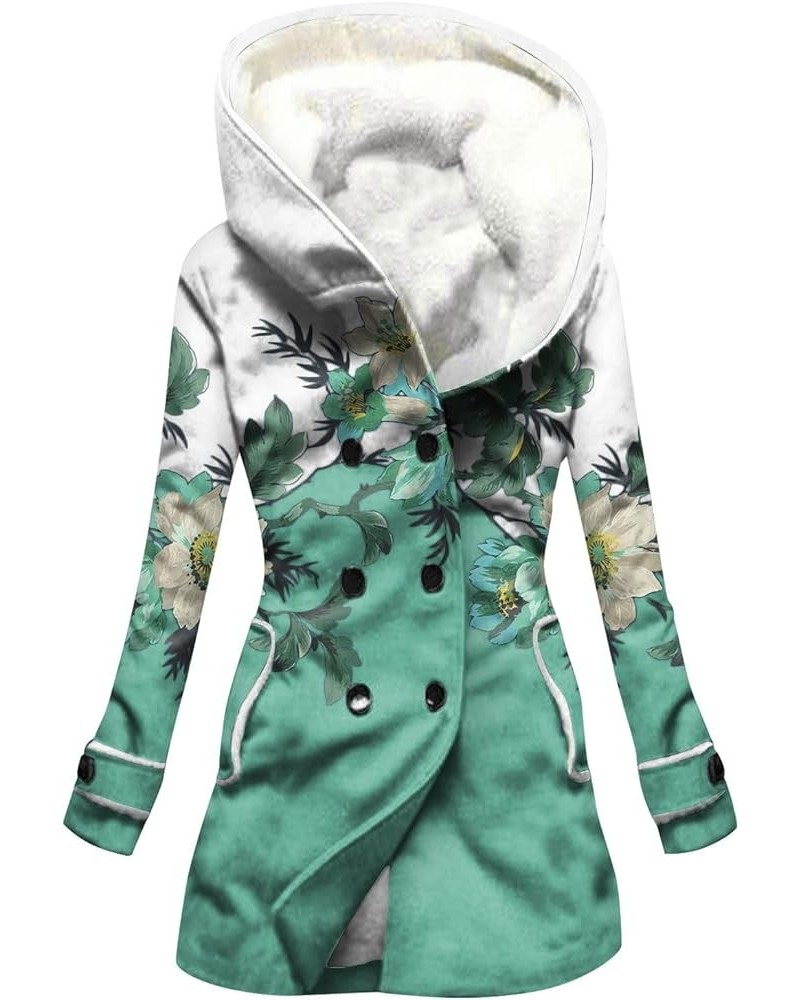 Womens Winter Button Up Vintage Print Sherpa Fleece Lined Hooded Jacket Coat Linen Long Sleeve Warm Coat 03-turquoise $20.42 ...