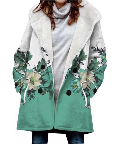 Womens Winter Button Up Vintage Print Sherpa Fleece Lined Hooded Jacket Coat Linen Long Sleeve Warm Coat 03-turquoise $20.42 ...