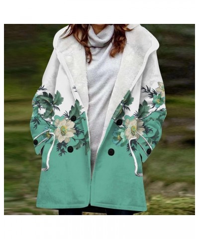 Womens Winter Button Up Vintage Print Sherpa Fleece Lined Hooded Jacket Coat Linen Long Sleeve Warm Coat 03-turquoise $20.42 ...