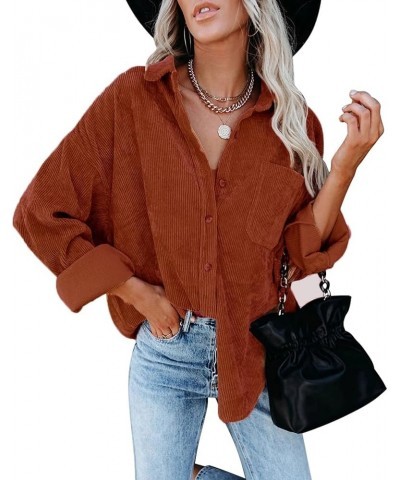 Women's Corduroy Button Down Long Sleeve Oversized Jacket with Pocket Solid Brown $16.92 Jackets