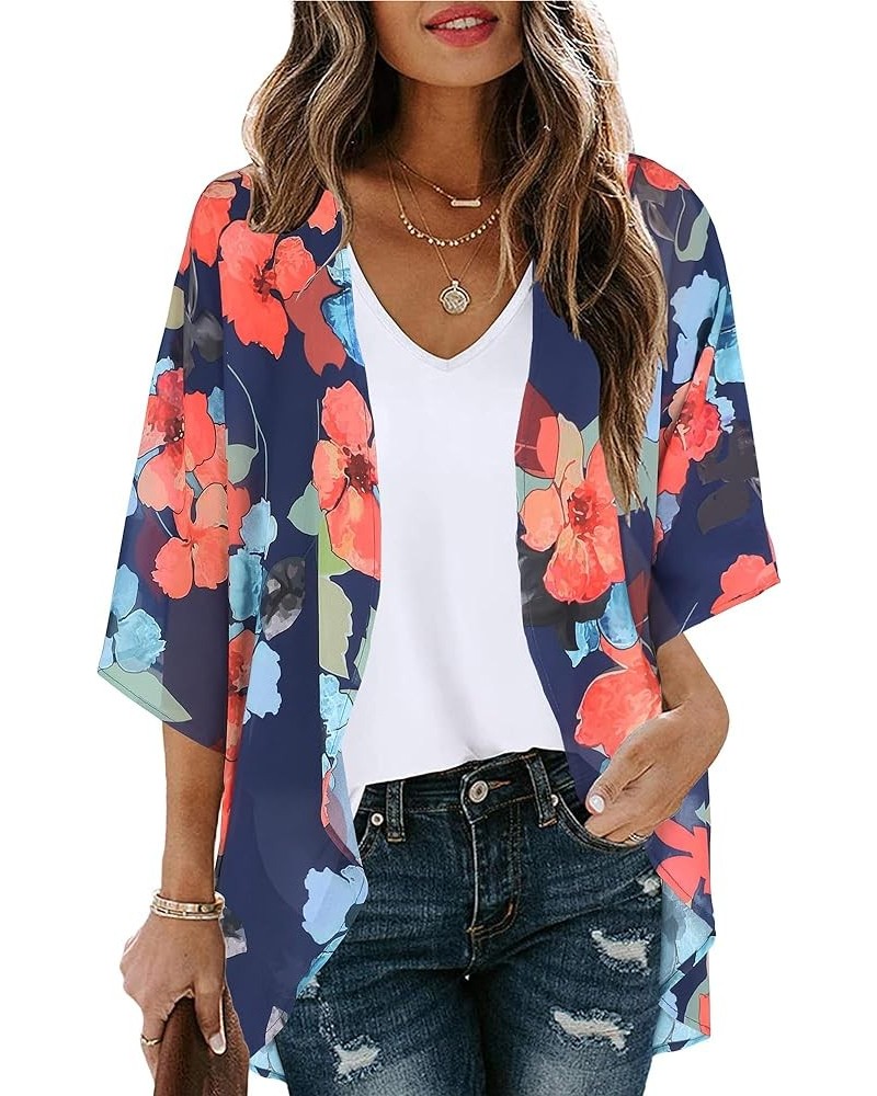 Women's Floral Print Kimono Cardigan Puff Sleeve Chiffon Cover Up Casual Blouse Beach Loose Tops Floral Blue $11.87 Swimsuits