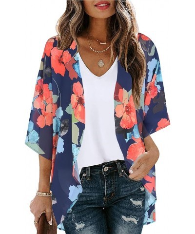 Women's Floral Print Kimono Cardigan Puff Sleeve Chiffon Cover Up Casual Blouse Beach Loose Tops Floral Blue $11.87 Swimsuits