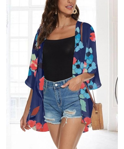 Women's Floral Print Kimono Cardigan Puff Sleeve Chiffon Cover Up Casual Blouse Beach Loose Tops Floral Blue $11.87 Swimsuits