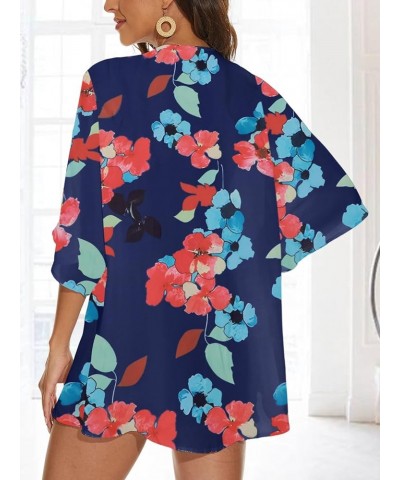 Women's Floral Print Kimono Cardigan Puff Sleeve Chiffon Cover Up Casual Blouse Beach Loose Tops Floral Blue $11.87 Swimsuits