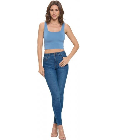 Women's Double Lined Crop Tank Top Dress, Square Neck, Fitted, Sexy Sleeveless, Workout Denim Steel $13.91 Dresses