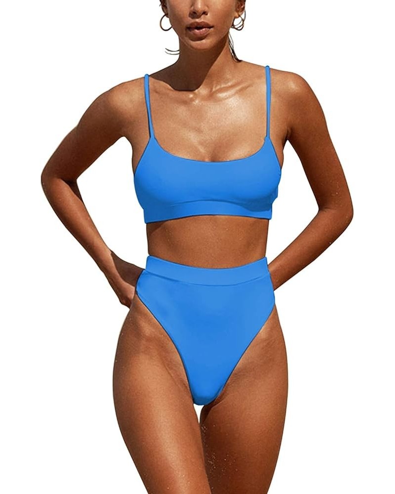 Womens High Waisted Swimsuits Bottom Padded Bathing Suits Bikini Sets Top Two Piece Swimwear Blue $17.10 Swimsuits