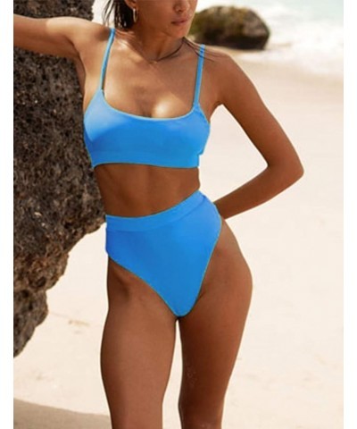 Womens High Waisted Swimsuits Bottom Padded Bathing Suits Bikini Sets Top Two Piece Swimwear Blue $17.10 Swimsuits