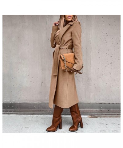 Winter Coats for Women Fashion Solid Lapel Long Wool Blend Coat Ladies Trench Long Jacket with Belt Tweed Outwear Large Khaki...