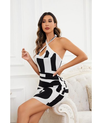 Women Sexy Halter Neck Backless Knit Bodycon Mini Dress Tie Back V Neck Sleeveless Color Block Bandage Dresses Black $16.63 D...