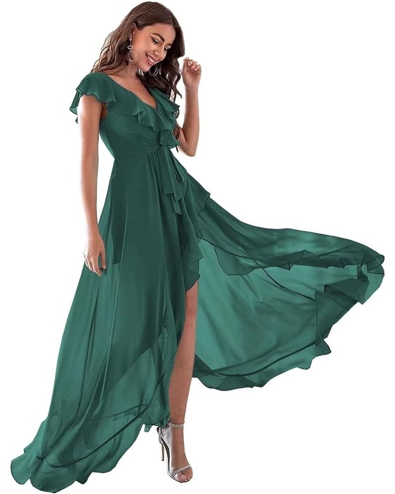 High Low Bohemian Bridesmaid Dresses 2023 Long Ruffles Sleeves Chiffon V Neck Slit Belt Formal Prom Gown for Women Yxxy529 Pe...