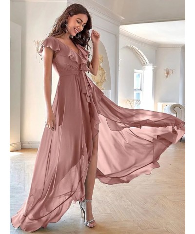 High Low Bohemian Bridesmaid Dresses 2023 Long Ruffles Sleeves Chiffon V Neck Slit Belt Formal Prom Gown for Women Yxxy529 Pe...