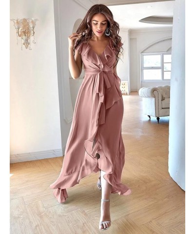 High Low Bohemian Bridesmaid Dresses 2023 Long Ruffles Sleeves Chiffon V Neck Slit Belt Formal Prom Gown for Women Yxxy529 Pe...