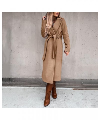 Winter Coats for Women Fashion Solid Lapel Long Wool Blend Coat Ladies Trench Long Jacket with Belt Tweed Outwear Large Khaki...