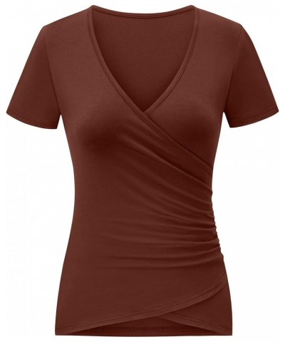 Women's Sexy Tops Deep V Neck Wrap T-Shirts Short Sleeve Criss Cross Ruched Blouses Shirts Tops Coffee $10.07 T-Shirts