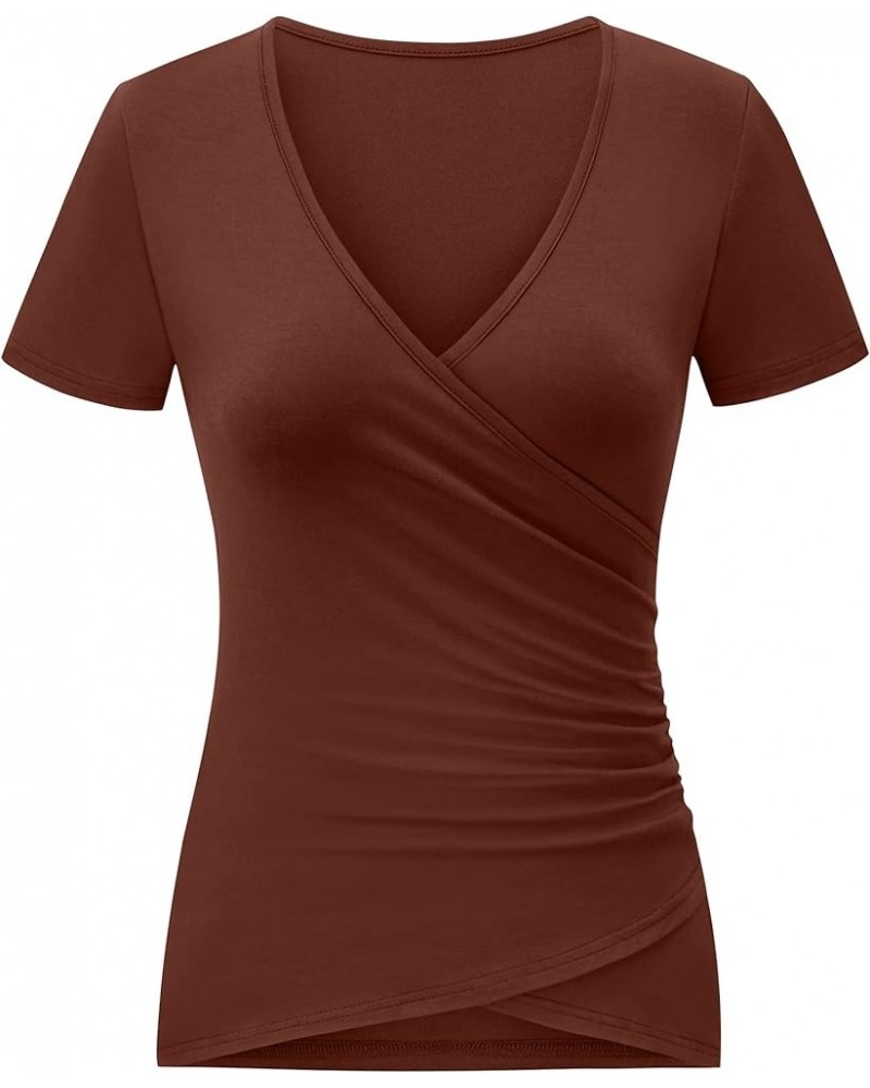 Women's Sexy Tops Deep V Neck Wrap T-Shirts Short Sleeve Criss Cross Ruched Blouses Shirts Tops Coffee $10.07 T-Shirts