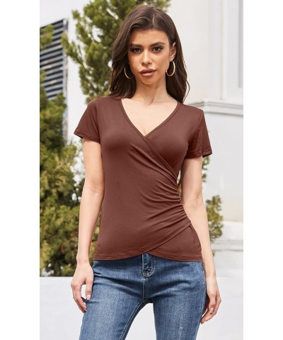 Women's Sexy Tops Deep V Neck Wrap T-Shirts Short Sleeve Criss Cross Ruched Blouses Shirts Tops Coffee $10.07 T-Shirts