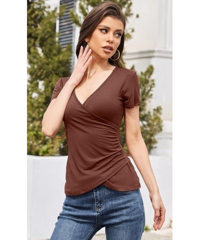 Women's Sexy Tops Deep V Neck Wrap T-Shirts Short Sleeve Criss Cross Ruched Blouses Shirts Tops Coffee $10.07 T-Shirts